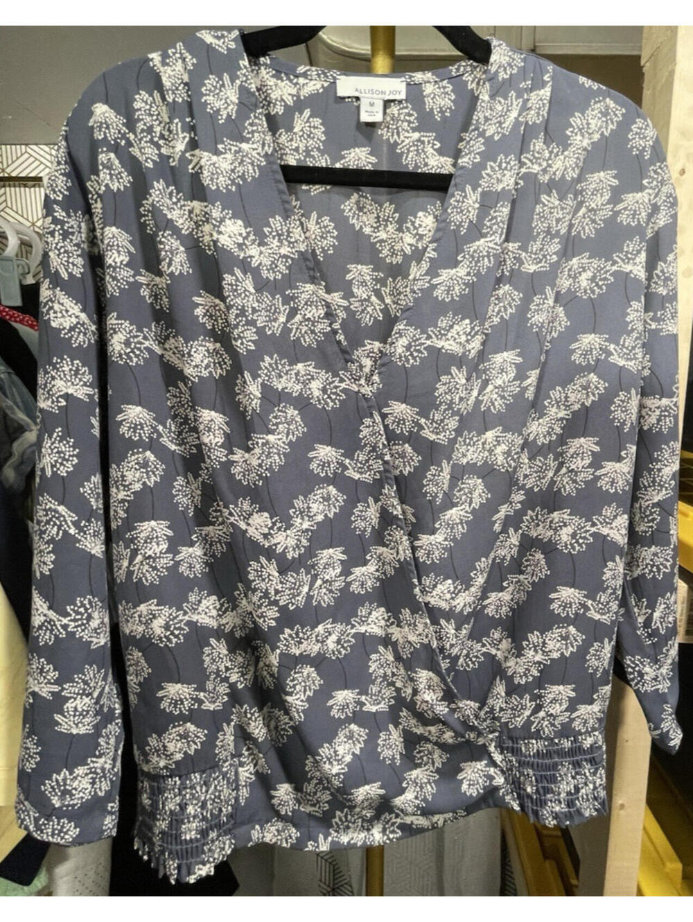 ALLISON JOY Blue Faux Wrap Blouse Top M Medium 3/4 Sleeve V-Neck Made in USA